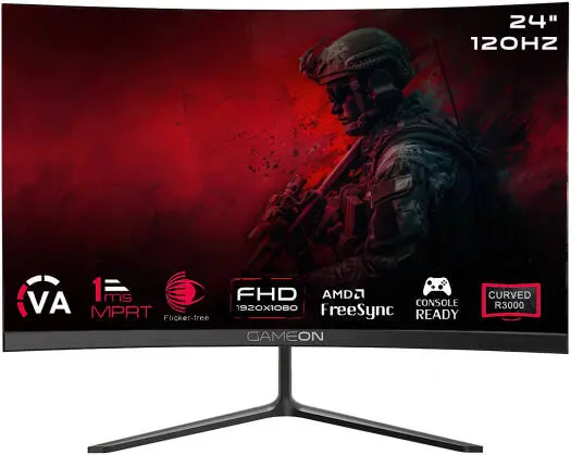  GAMEON GOC24F120VA Curved Gaming Monitors, 24" VA Display, FHD Resolution, 120Hz Refresh Rate, 1MS MPRT Response, HDMI 2.1, AMD FreeSync Technology, Black |