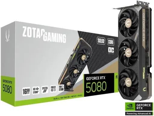 ZOTAC GAMING GeForce RTX 5080 SOLID CORE OC Graphics Card, 16GB GDDR7 256-Bit Memory, 2482 MHz Engine Clock, 28 Gbps Memory Clock, 8960 CUDA Cores, PCI Express 5.0 x16 